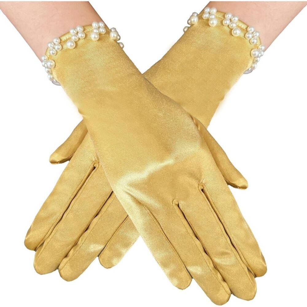 Women's Elegant Gold Floral Short Lace Wrist Gloves Bridal Dinner Party Prom